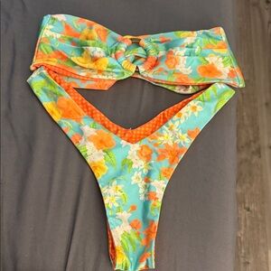 Kulani Kinis Tropical Floral Bikini Set — Aqua with Orange Flowers